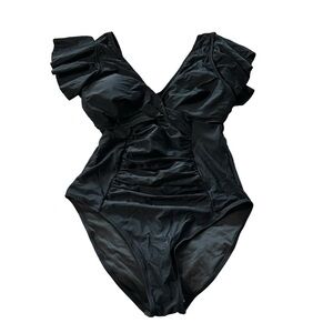 Blooming Jelly women's size large black v-neck tummy control, with ruffled